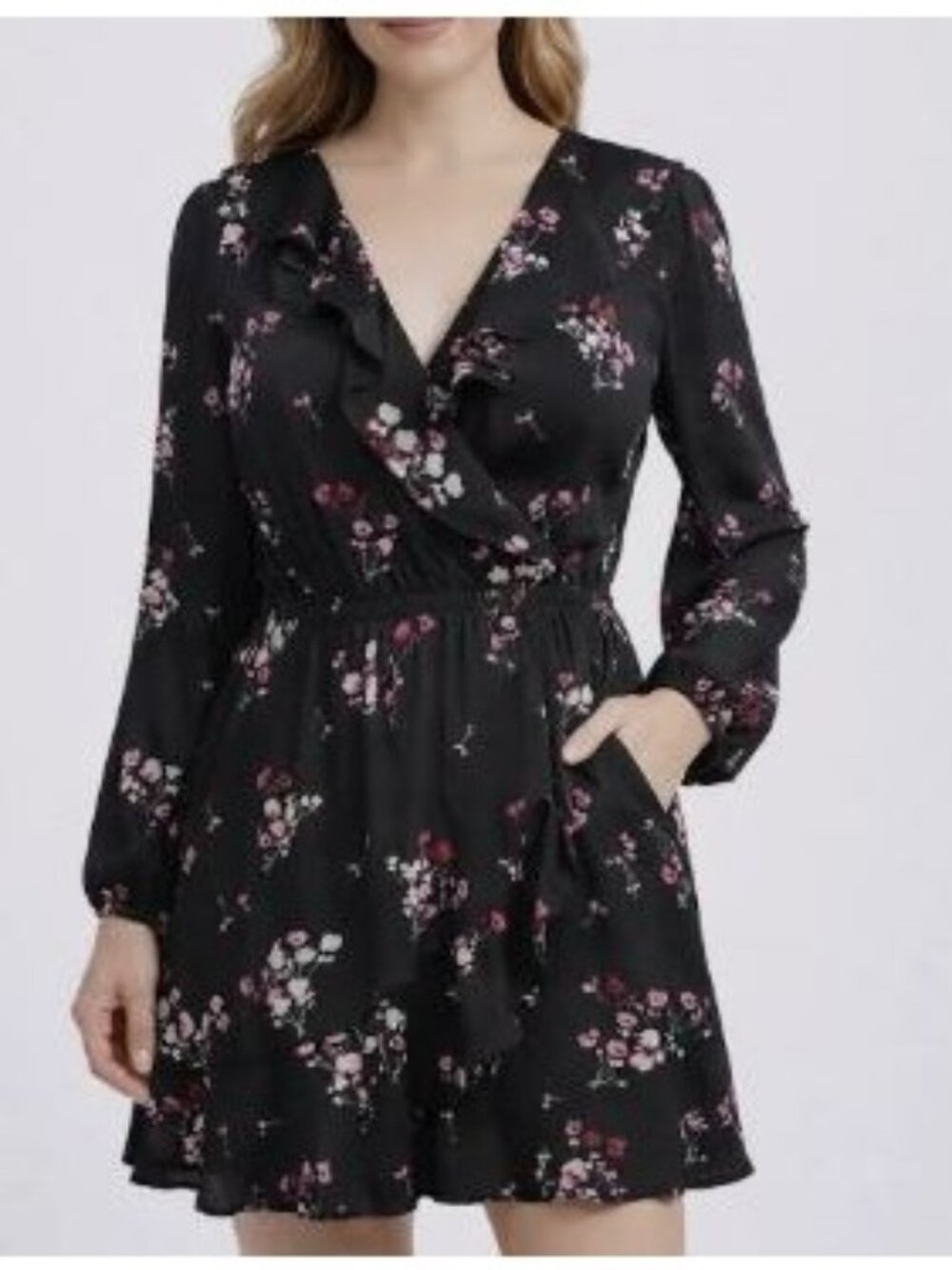 Express Dress Size XS Black Wrap Mini Ruffled Floral Print Long Sleeve V Neck